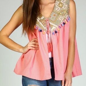Velzera Coral Tassel Embroidered Boho Top Blouse Tie Front Size Small NWT
